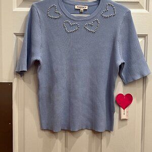 Nanette Lepore Short Sleeve Blue Embellished Sweater with Pearl Hearts Large NWT